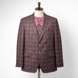 Joseph Abboud Ivan Soft Slim Sport Coat Blazer 52R Wool Silk Linen Oxblood Plaid